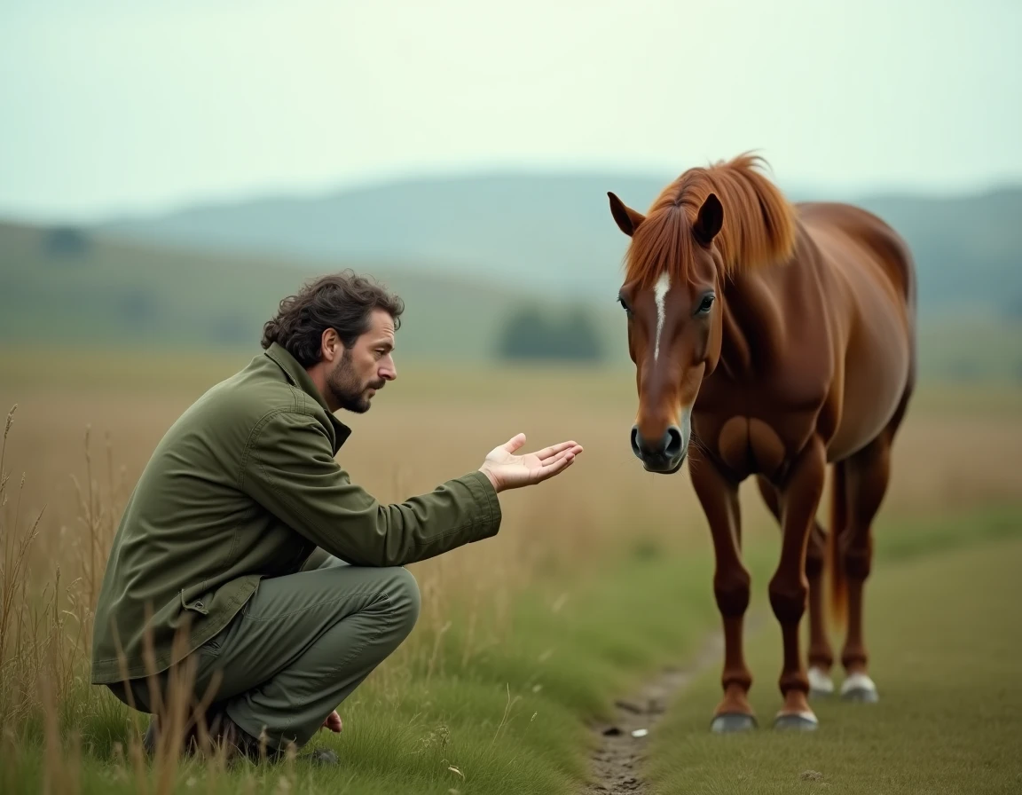 Homme en pleine nature établissant un contact de syntonie avec un cheval sauvage dans une prairie verdoyante