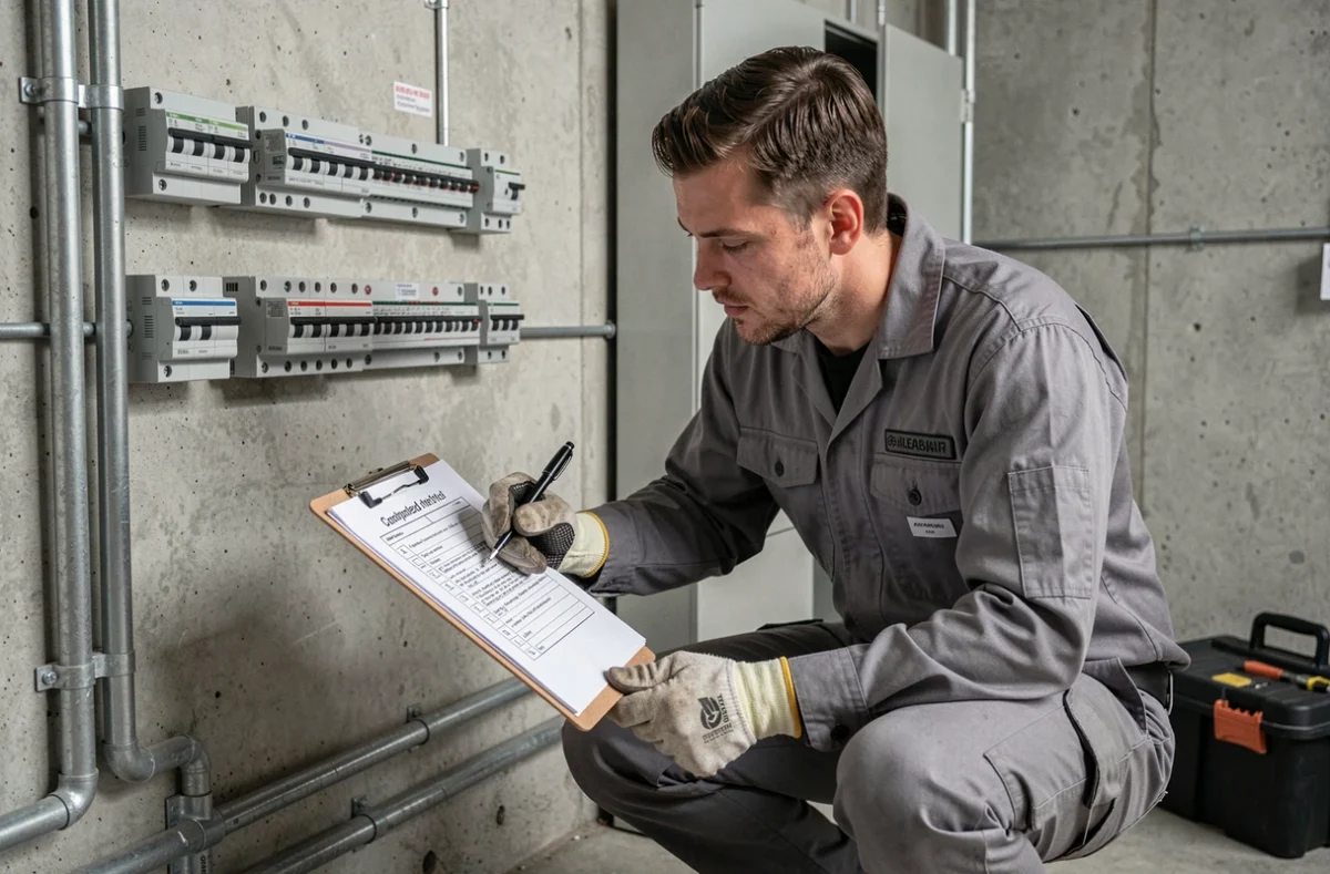 Technicien de maintenance en copropriété vérifiant une liste de contrôle dans un local technique de l'immeuble