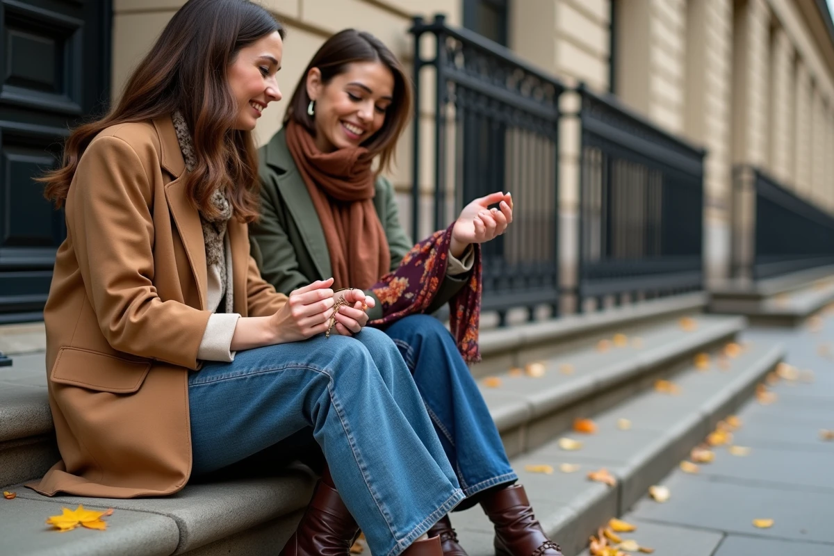 Deux femmes tendance comparant bijoux et foulards en soie sur les marches d'un immeuble haussmannien à Paris en automne