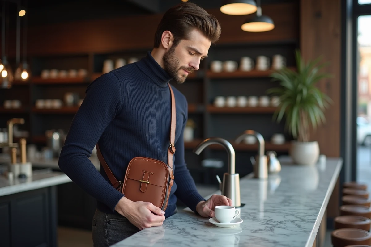 Homme stylé en pull col roulé marine examinant un sac en cuir structuré posé sur un comptoir de café en marbre