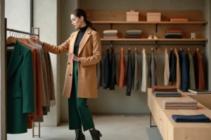 Femme élégante en manteau camel et pantalon large vert forêt explorant les nouvelles collections dans une boutique parisienne minimaliste