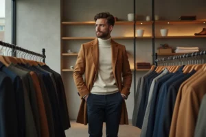 Homme élégant en manteau camel explorant les nouvelles tendances mode masculine dans une boutique contemporaine