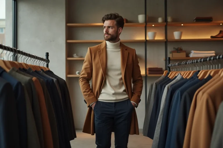 Homme élégant en manteau camel explorant les nouvelles tendances mode masculine dans une boutique contemporaine