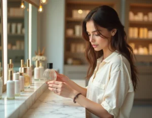 Femme découvrant des flacons de parfum dans une boutique beauté parisienne aux accents de marbre et de bois