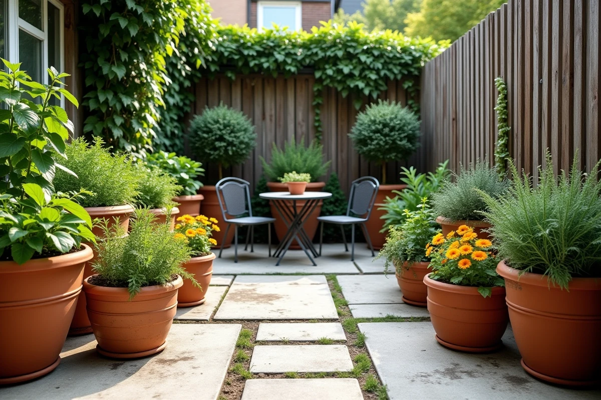 Terrasse de jardin urbain avec des pots en terre cuite disposés sur des dalles en béton, table bistrot et clôture en bois couverte de lierre
