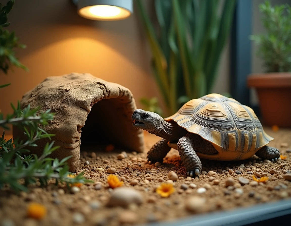 Tortue Hermann en terrarium intérieur avec bouche entrouverte, montrant un comportement territorial près d'un abri en liège