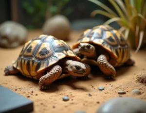 Deux tortues Hermann sur un sol sableux, l'une mordant ou poussant l'autre dans un terrarium extérieur naturel